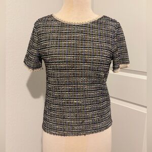 Zara Tweed Pearl-Trim Top